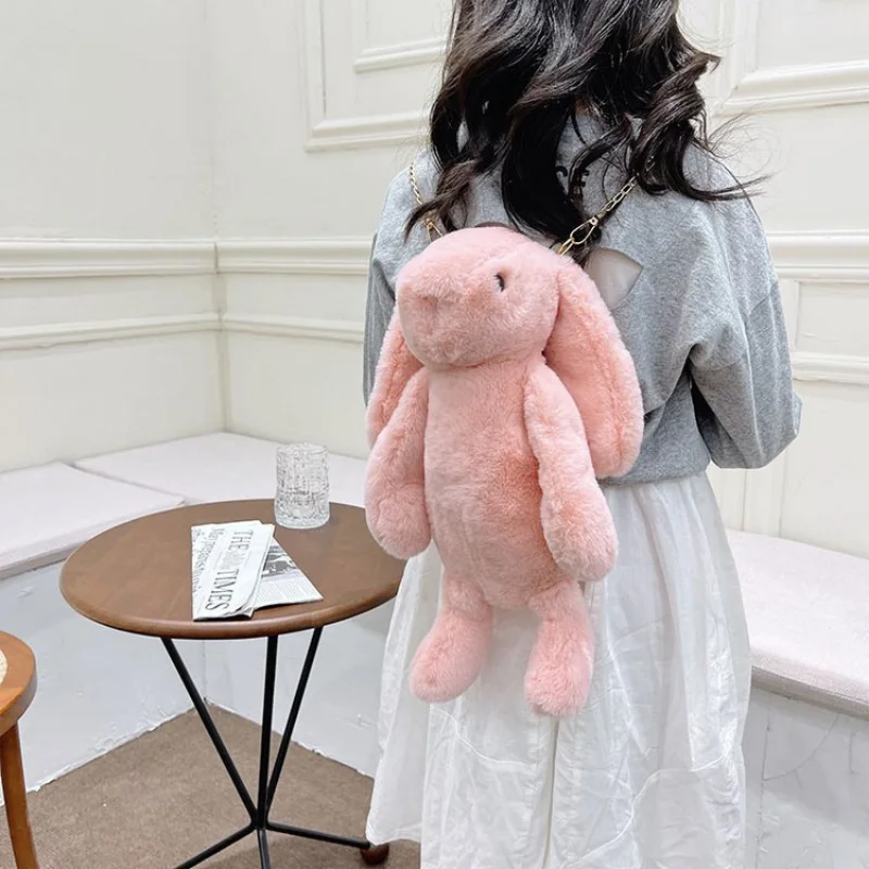 Long Ear Rabbit Doll Fashion Imitation Rex Rabbit Fur Bag Plush Backpack Chain Strap Children\'s Bag Chain Crossbody Bag Knapsack