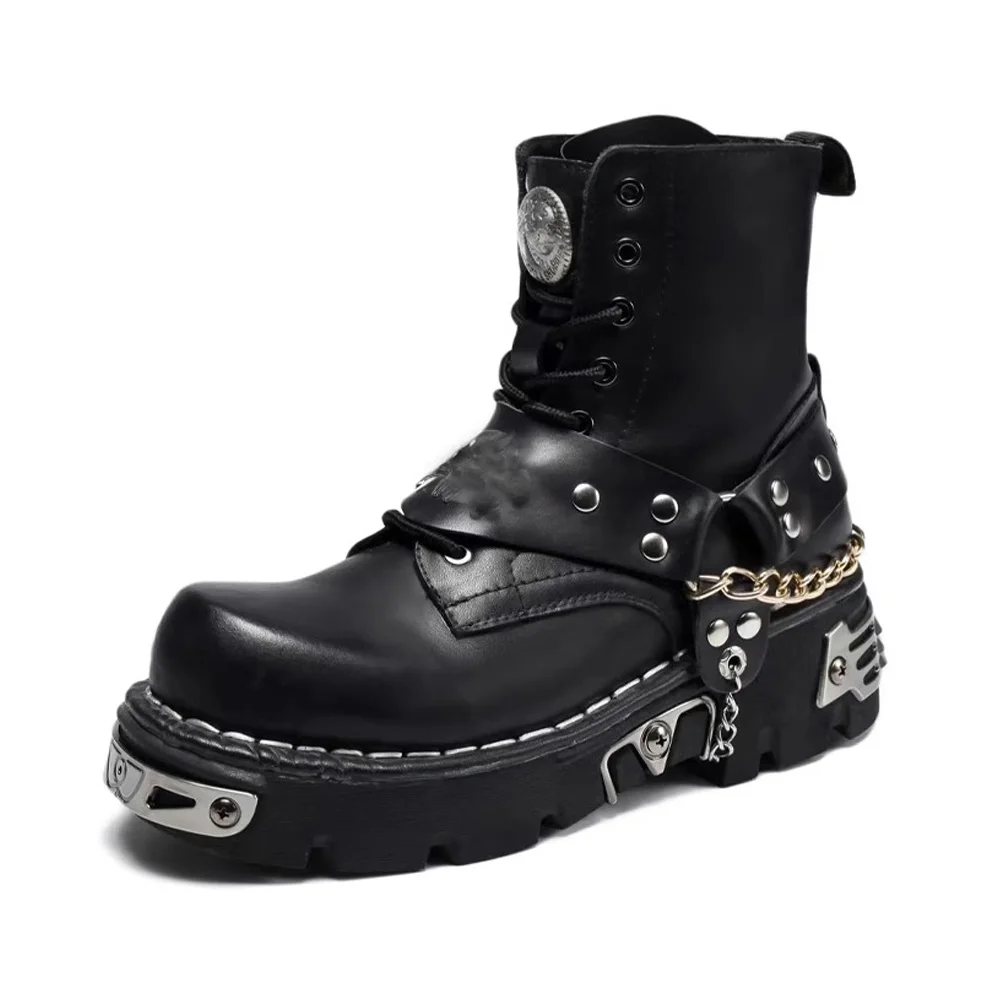 Botas de moto de cuero genuino a la moda para hombre, botas de calavera góticas punk, botas de vaquero Chelsea occidentales con cadena de Metal a media pantorrilla, plataforma