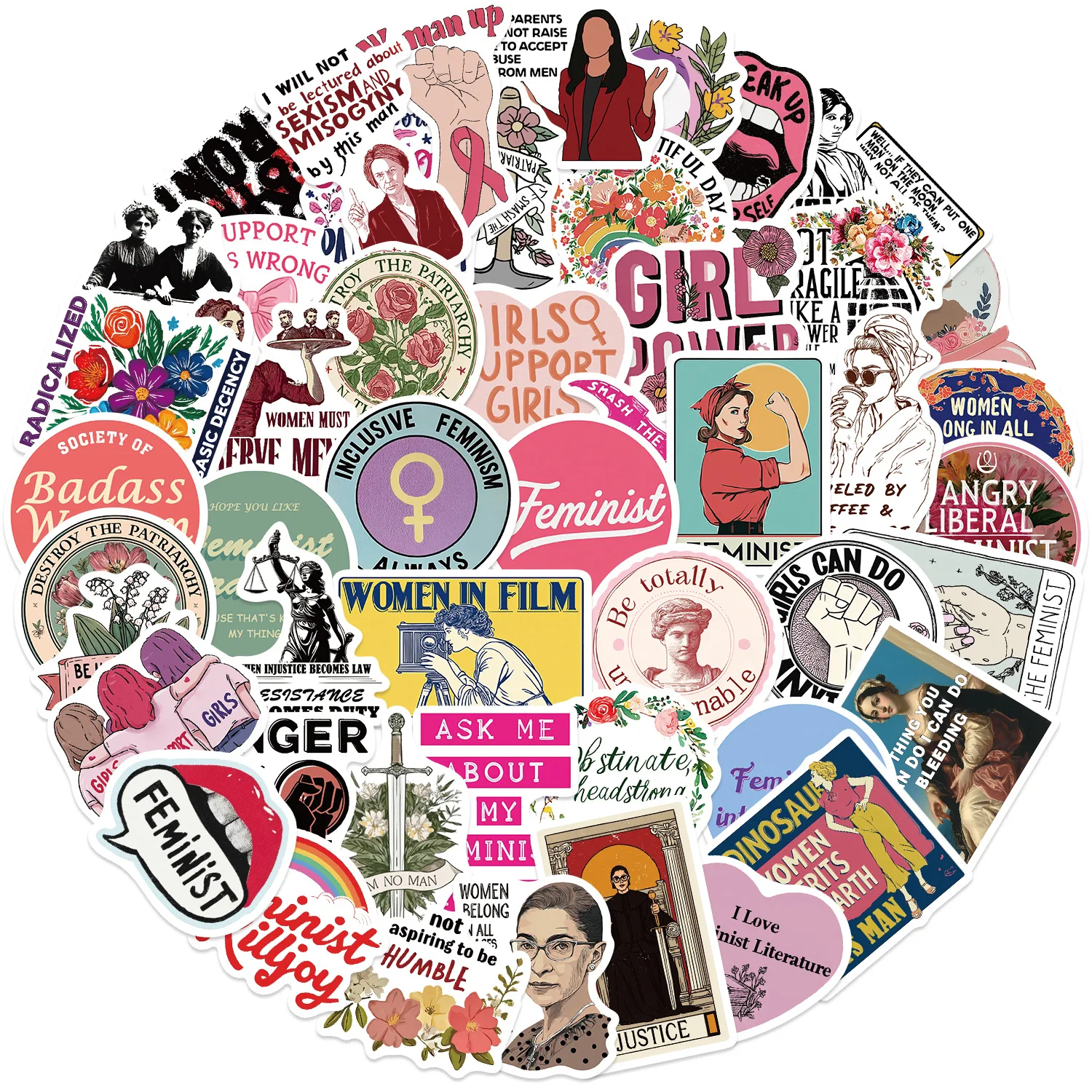 Variety of 50-200PCS Cute Cartoon Feminist Themed Stickers for Waterproof Vinyl Decals Luggage Notebook Laptop Journal