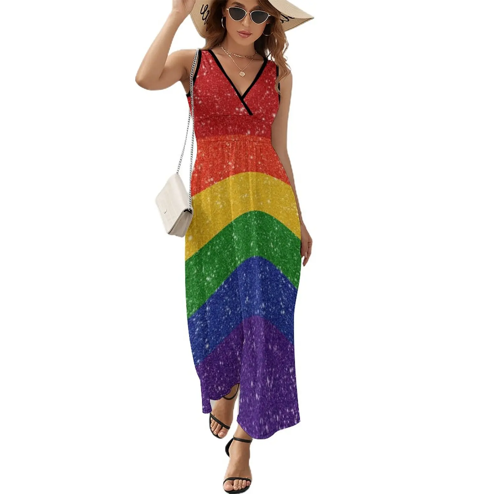 Faux Glitter LGBTQ Pride Rainbow Flag Background Sleeveless Dress women's evening dress 2023 long dresses for women Dresses