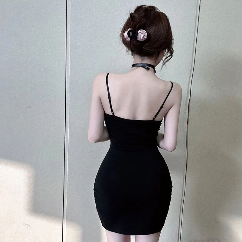 Y2K nero scava fuori abito sottile donna estate sexy taglio basso camis abiti moda femminile maglia patchwork mini abito attillato