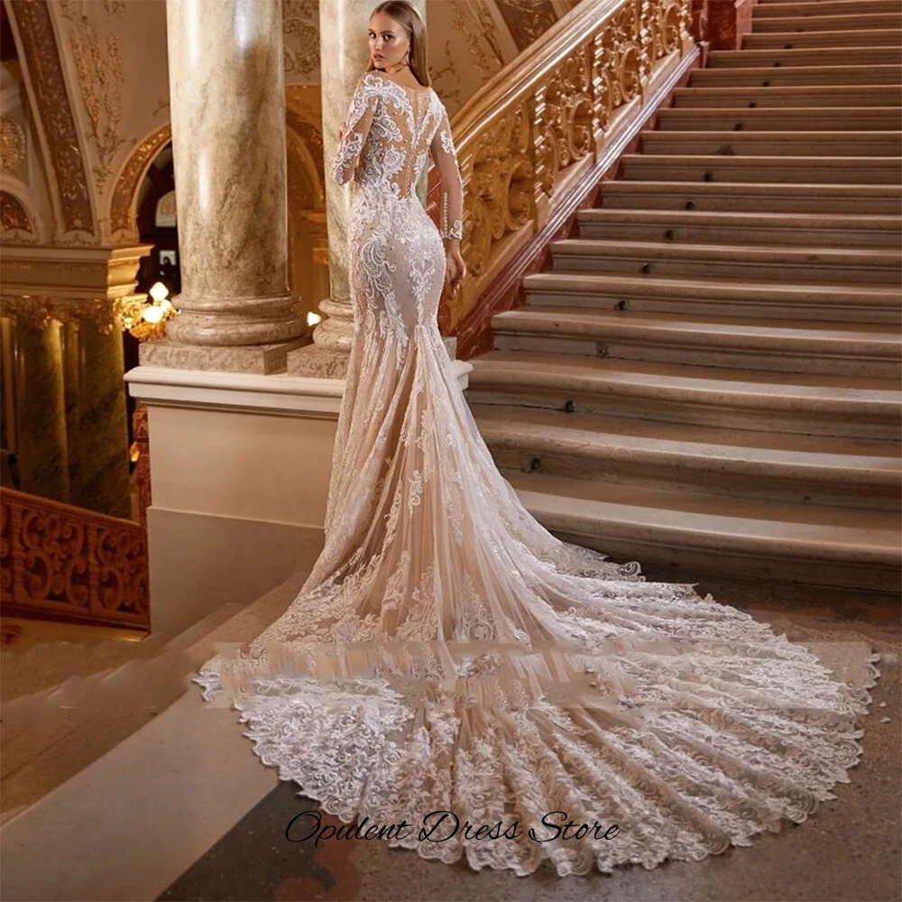 맞춤 제작된 정교한 아플리케 웨딩드레스 우아한 긴 소매 스위트하트 브라이덜 가운 기품 있는 머메이드 베스티도 데 노비아