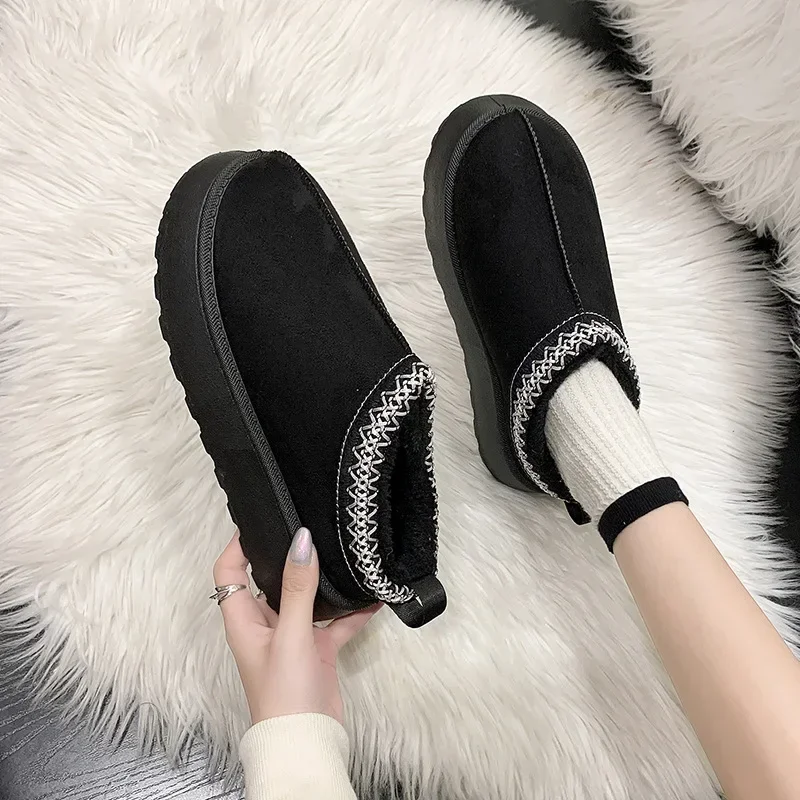 Snow Boots for Women Winter New Cashmere Warm Thick Soles Without Heel-covered Hair Half Slipper Cotton Shoes for Women