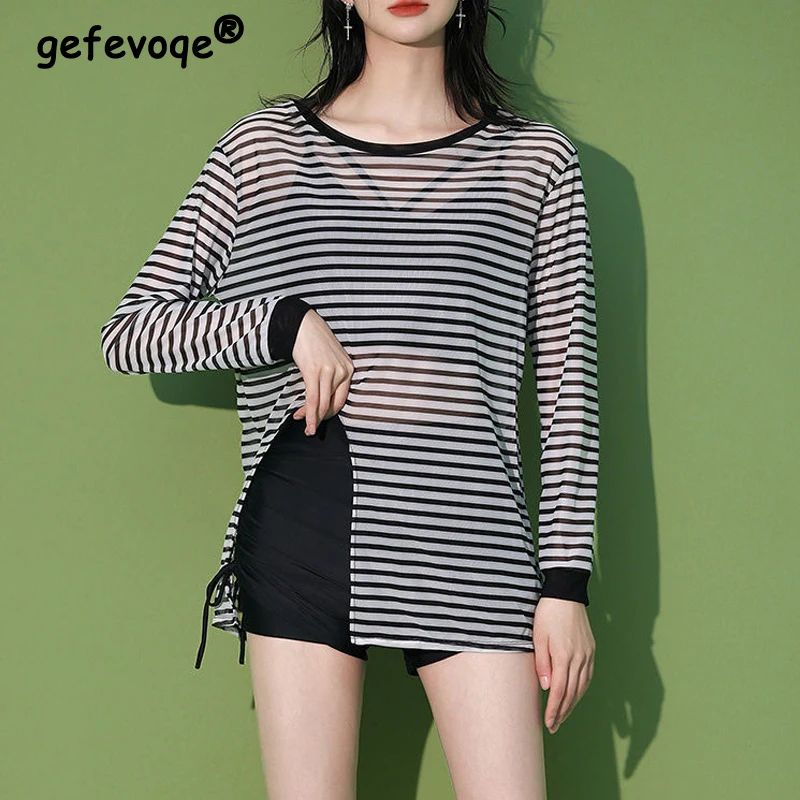 Women Korean Style Sexy Sheer Striped Cover Ups Bikini 3 Piece Sets 2023 Summer Long Sleeve Loose Beachwear Swimsuit Bathing Sui