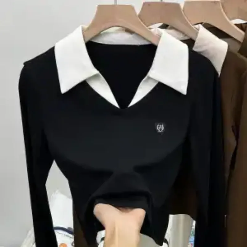 الغربية وهمية قطعتين بولو القمم الراقية قاع قمصان النساء طويلة الأكمام تي شيرت رقيقة الخريف الشتاء البلوفرات تنوعا