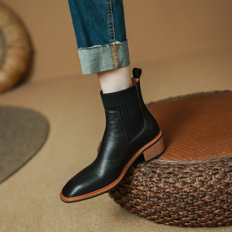 2024 Winter/Autumn Women Boots Ankle Boots Genuine Leather Shoes for Women Chelsea Short Boots Chunky Heel Ladies Women Shoes