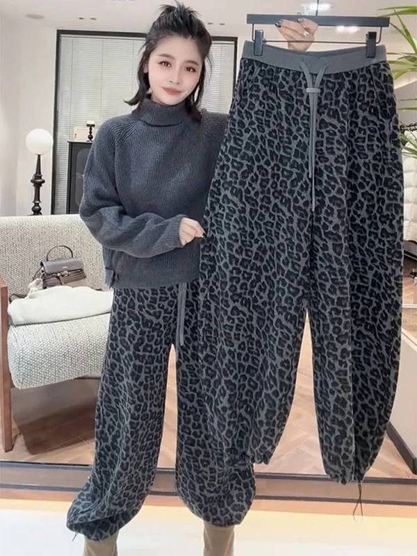 

plus Size 300 Pou Retro Casual Slimming Fce Lined Leopard Print Pants Winter Faion Commute High Waist Long Trousers