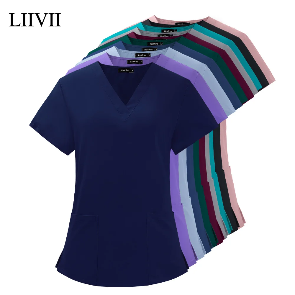 

Unisex Elastic Breathable Spandex Medical Accessorie Beauty Salon Fashion Slim Fit Top Scrub Short Sleeve Women Summer Lab Coat