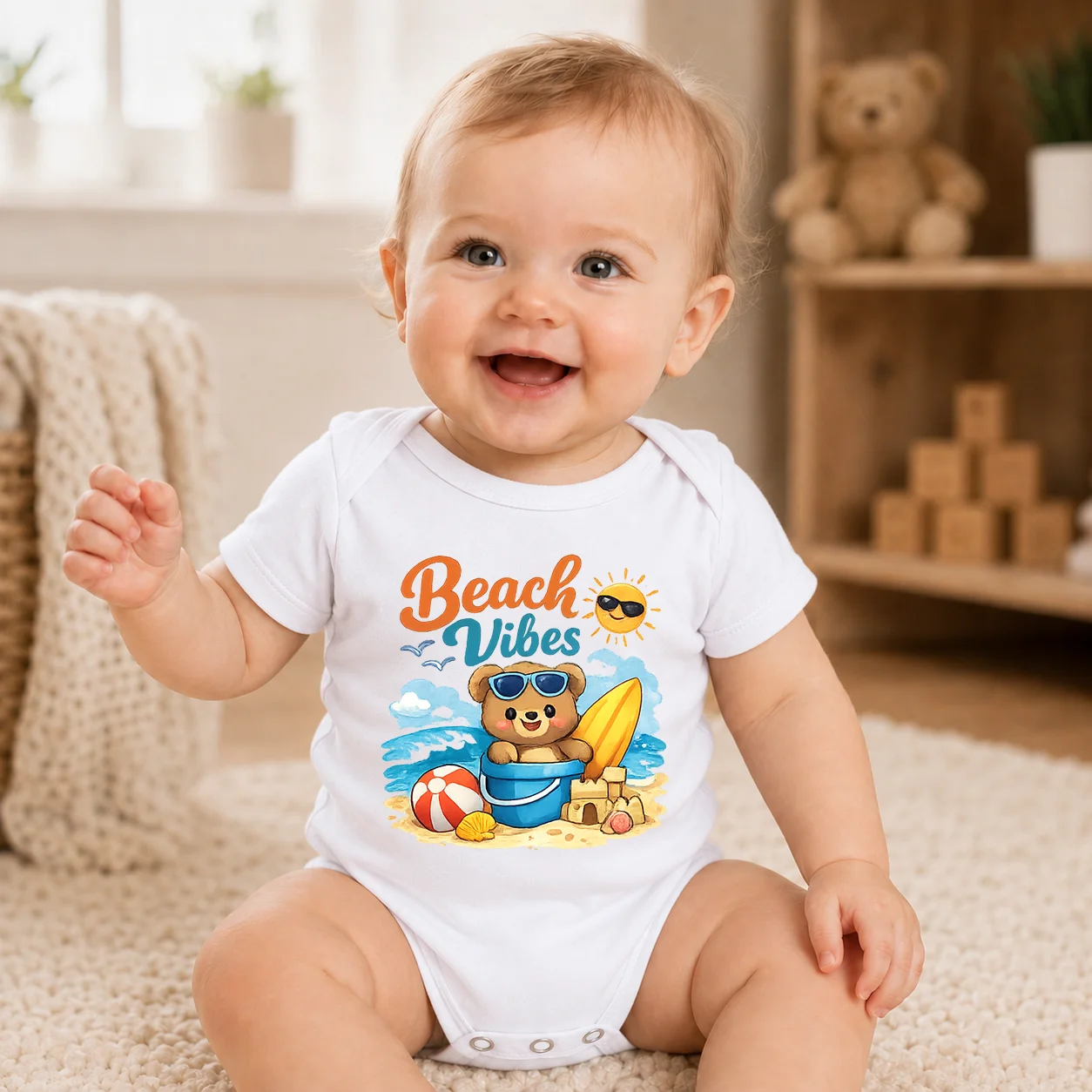 Beach Vibes Surf Teddy Bear Print Baby Onesie Soft Cotton Infant Short Sleeve Bodysuit Newborn Summer Beach Holiday Photo Clothe