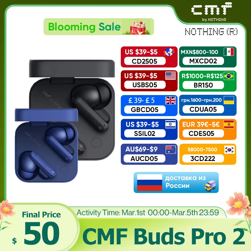 Global Verison CMF by Nothing Buds Pro 2 with 50 dB Hybrid Active Noise Cancellation 6 HD MICS IP55 Bluetooth 5.3 Buds Pro2