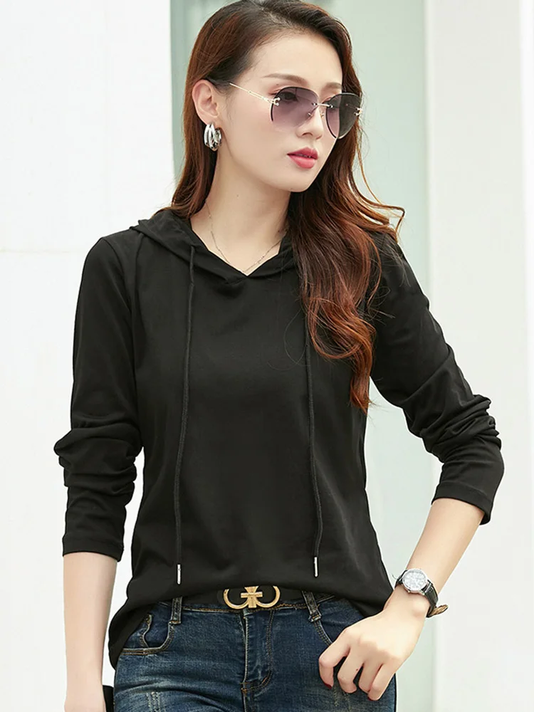 New Women Spring Summer Thin Hooded T-shirt Fashion Casual Long Sleeve Mercerized cotton T-shirt Simplicity Loose Pullovers