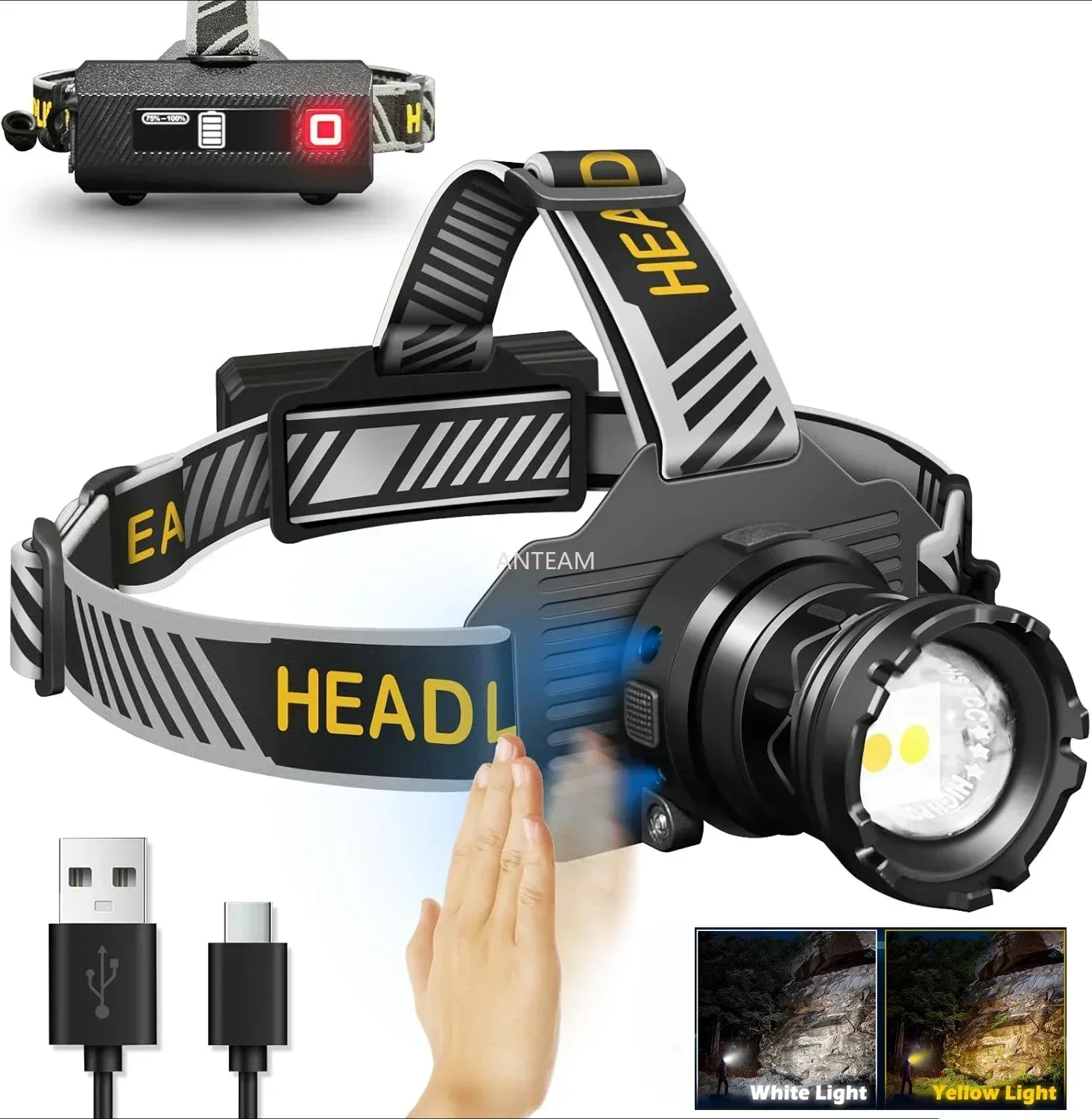 Dual LED Sensor Headlamp Zoom Headlight 5000LM Type-C Rechargeable Fishing Headlight Long Shot Head Lamp for Camping Hunting