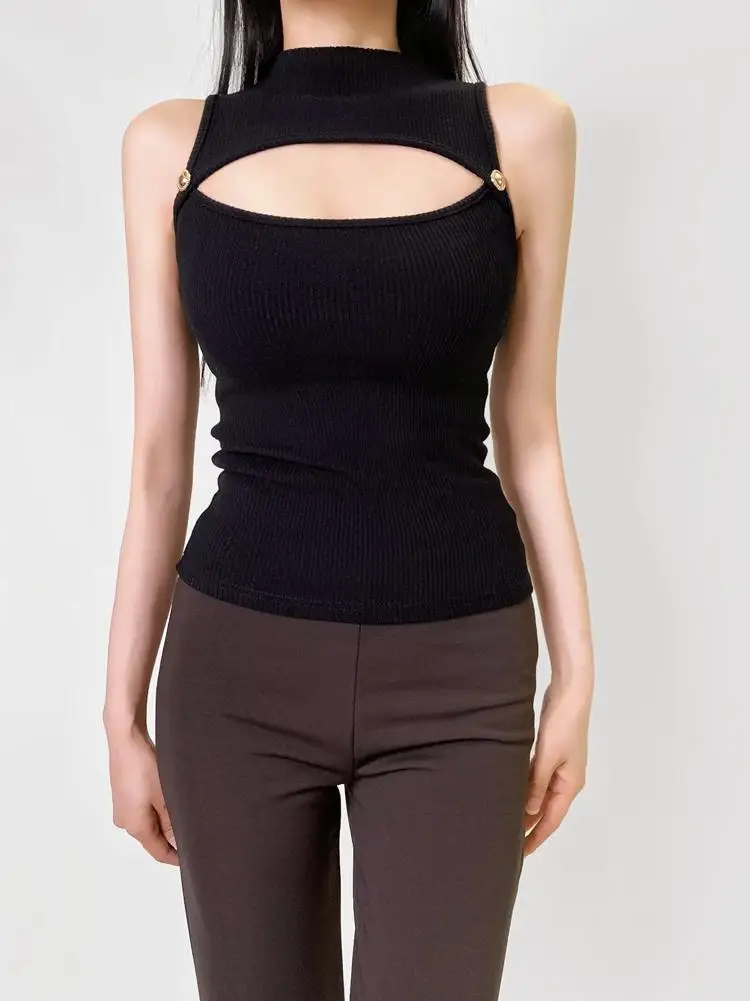 Spring New Arrival Women's Sexy Hollow out Slimming Svel High Collar Tank Top Elastic Base Layer Commute Sle Knitted ...