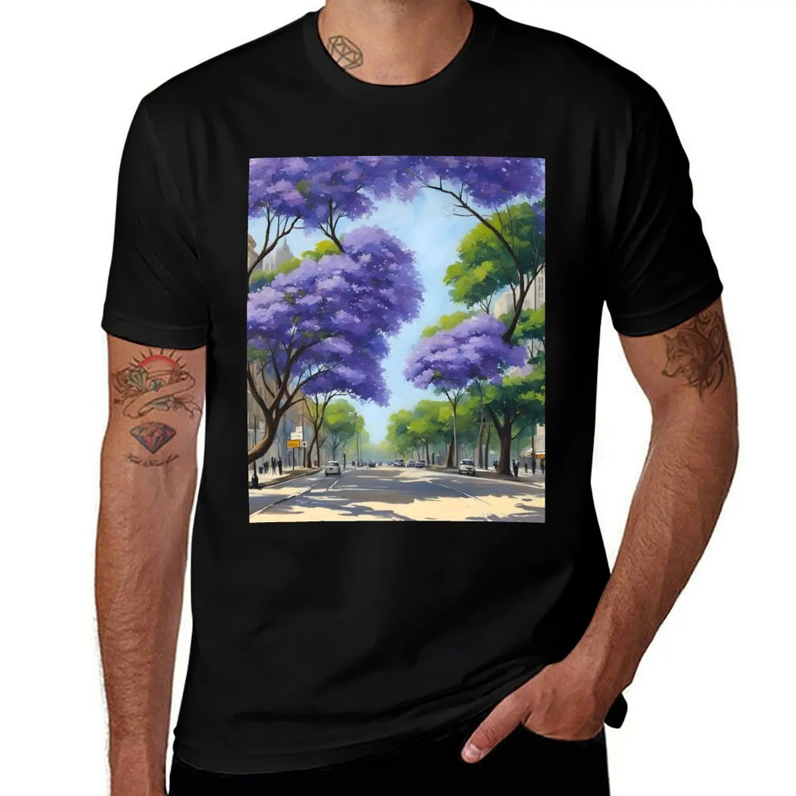 

Jacaranda trees in the streets of historic Buenos Aires T-Shirt cotton t shirts man 100% cotton t shirt man T-shirt