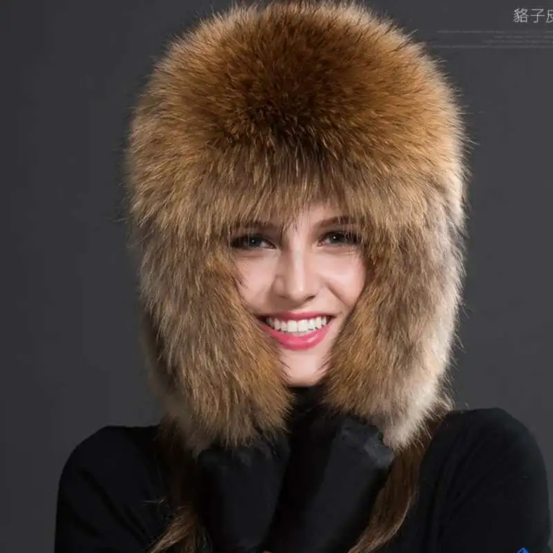 

Шапка из натурального лисьего меха для женщин, зимняя русская шапка с ушками, зимняя шапка из натурального меха енота, уличная ветрозащитная шапка из натурального меха