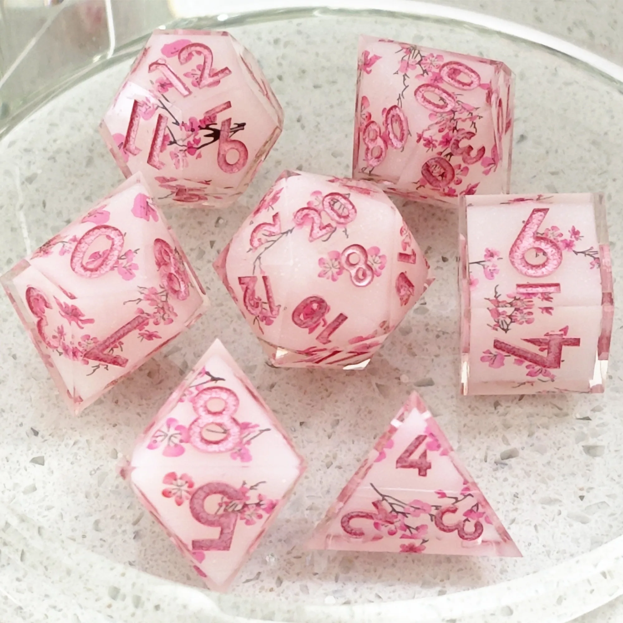 MINI PLANET Blooms Cherry Sticker Dice Set Sharp Polyhedral Resin Dice For TRPG Desktop Games Layered DND Dice Set 7pcs/set