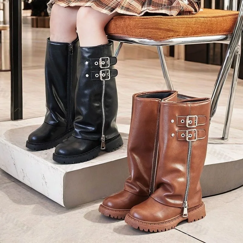 

Children's Pu Leather Boots 2025 Autumn Comfortable Anti Slip Zipper Fashion Kids Knee Boots Outdoor Buckle Girls Princess Boots