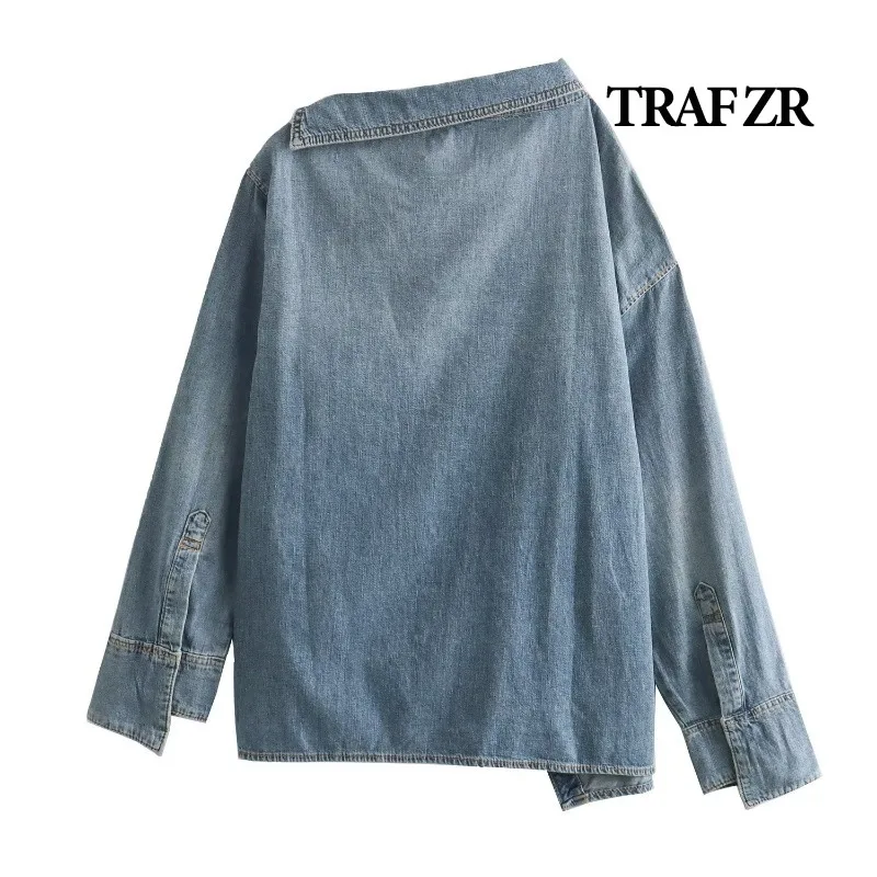 TRAF ZR Asymmetrical Denim Women's Blouse Fine Elegant Blusas Para Mujer Off Shoulder Y2k Vintage Top Baggy T Shirts Women