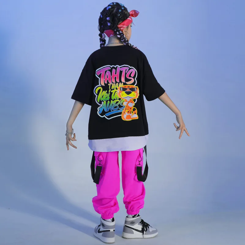 Kids Kpop Hip Hop Clothing Fake-two-piece Tops Streetwear Rose Red Pants for Girl Boy Jazz Dance Costume Clothes