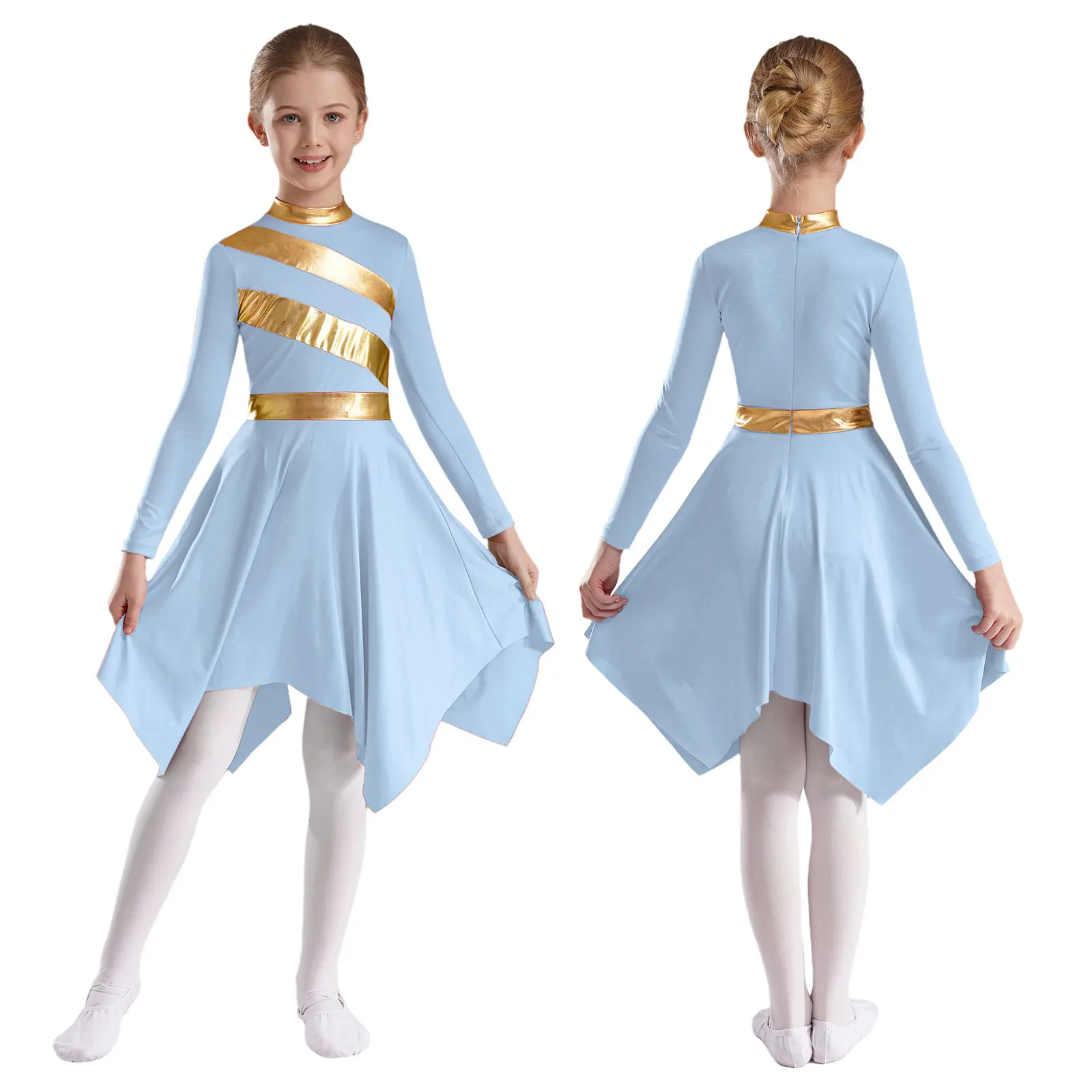 Kids Girls Praise Lyrical Dance Dress Long Sleeve Metallic Asymmetrical Hem Dress Liturgical Church Worship Performance Costume