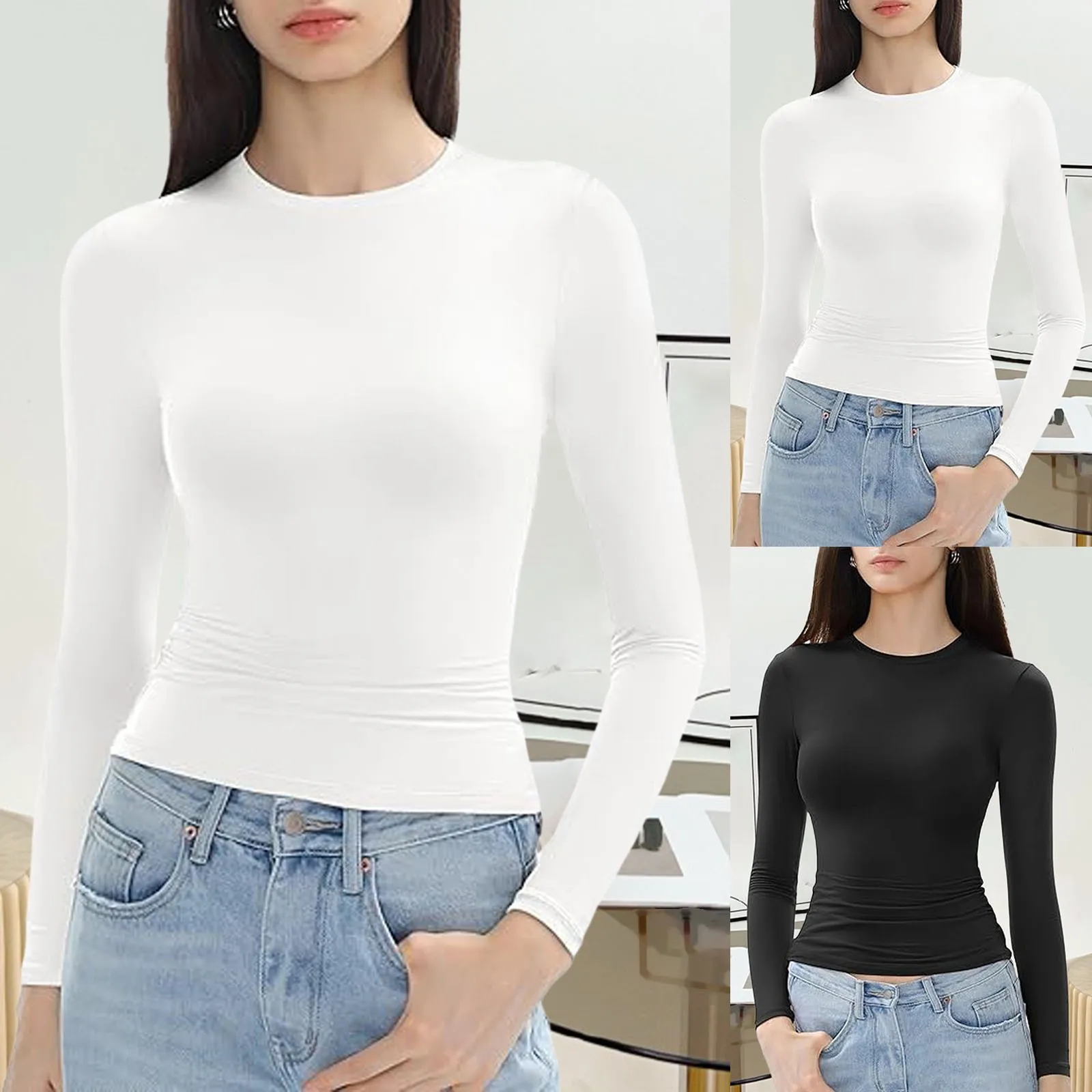 Slim Women's Base Tee Shirt Tops Solid New Fashion T Shirt Workout Yoga Daily Wear Tee Top Long Sleeve Round Neck Crop Top Basic