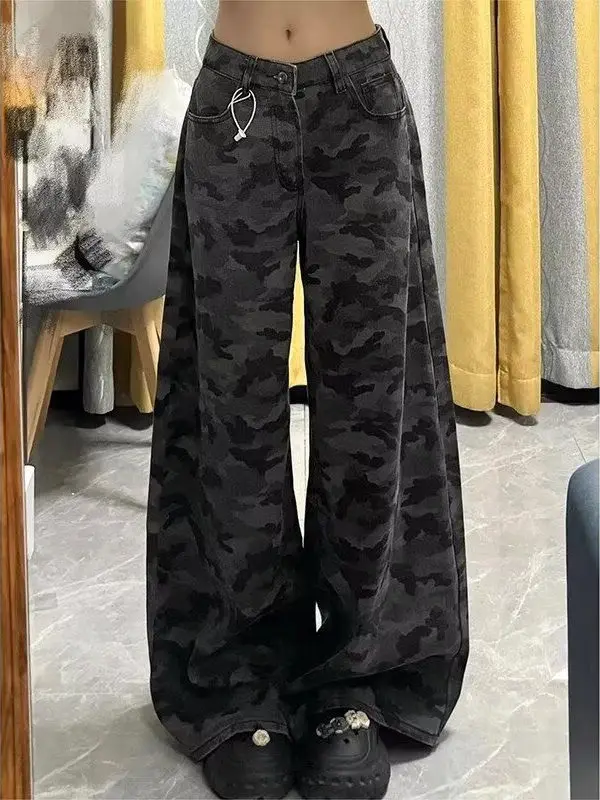 

Американские джинсы-карго в камуфляжном стиле для женщин, с высокой талией, больших размеров, весна-лето, новые, свободные, прямые, широкие брюки