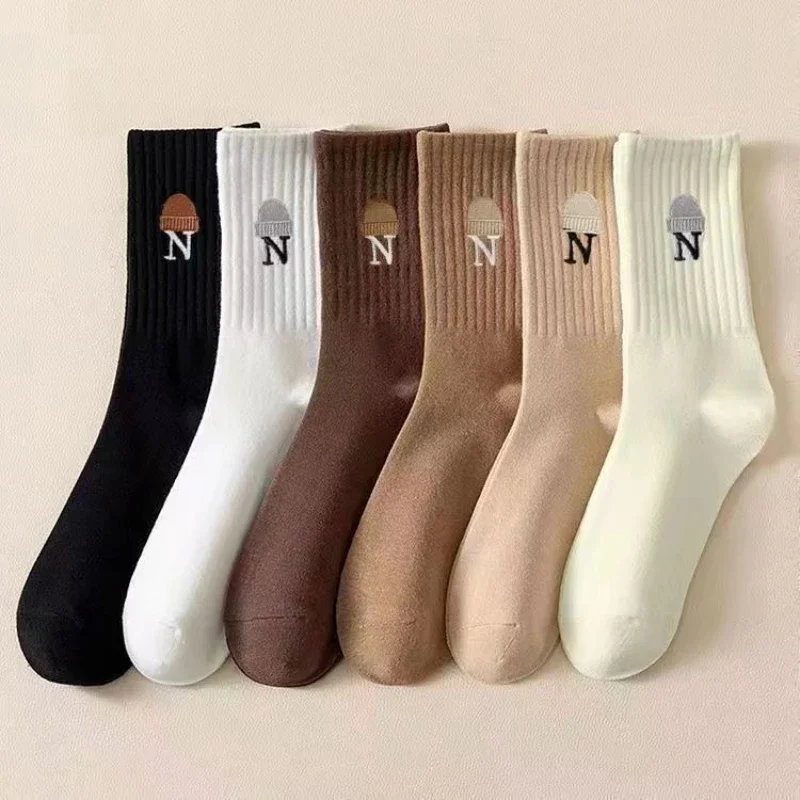 

6 pairs of women's spring autumn mid length socks solid color vertical pattern boneless sports anti slip sweat absorbing socks
