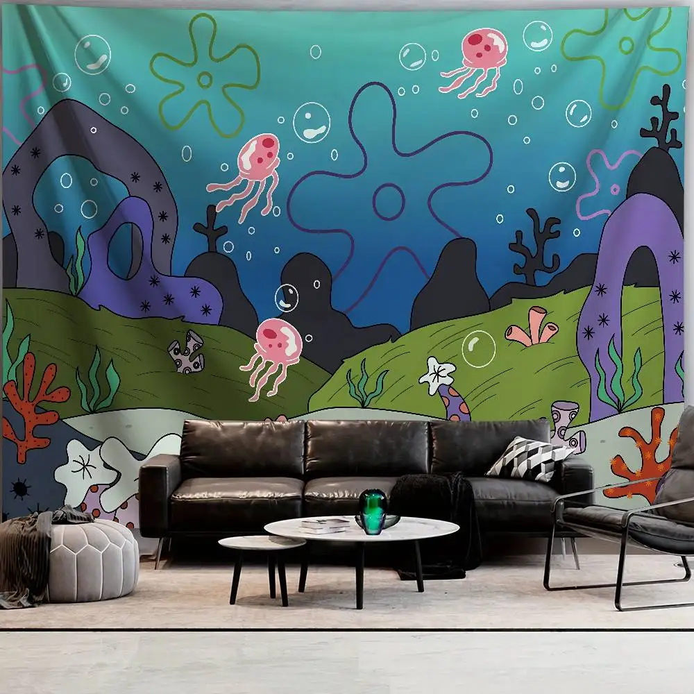 

Ocean City Tapestry, Cute Jellyfish Underwater Cartoon Scene Wall Hanging for Bedroom, Playroom Decor Aesthetic