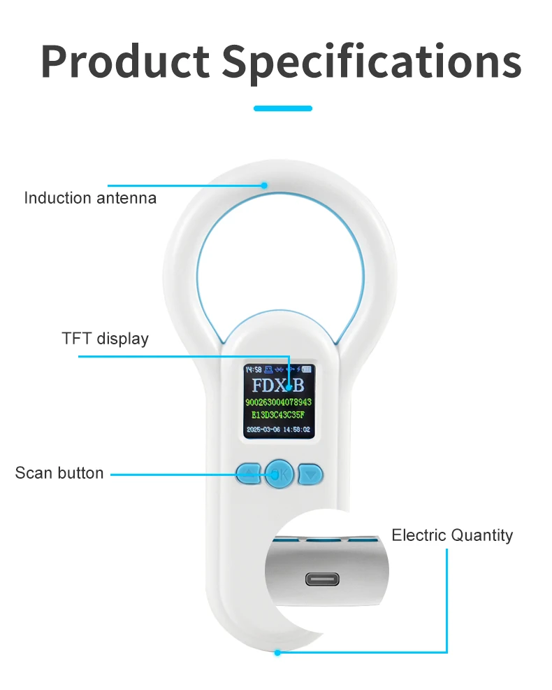 Handheld 134.2KHz 125kHz Animal RFID Reader Pet Cat Dog Microchip Scanner FDX-B Glass Chip USB/Bluetooth Tag Reader