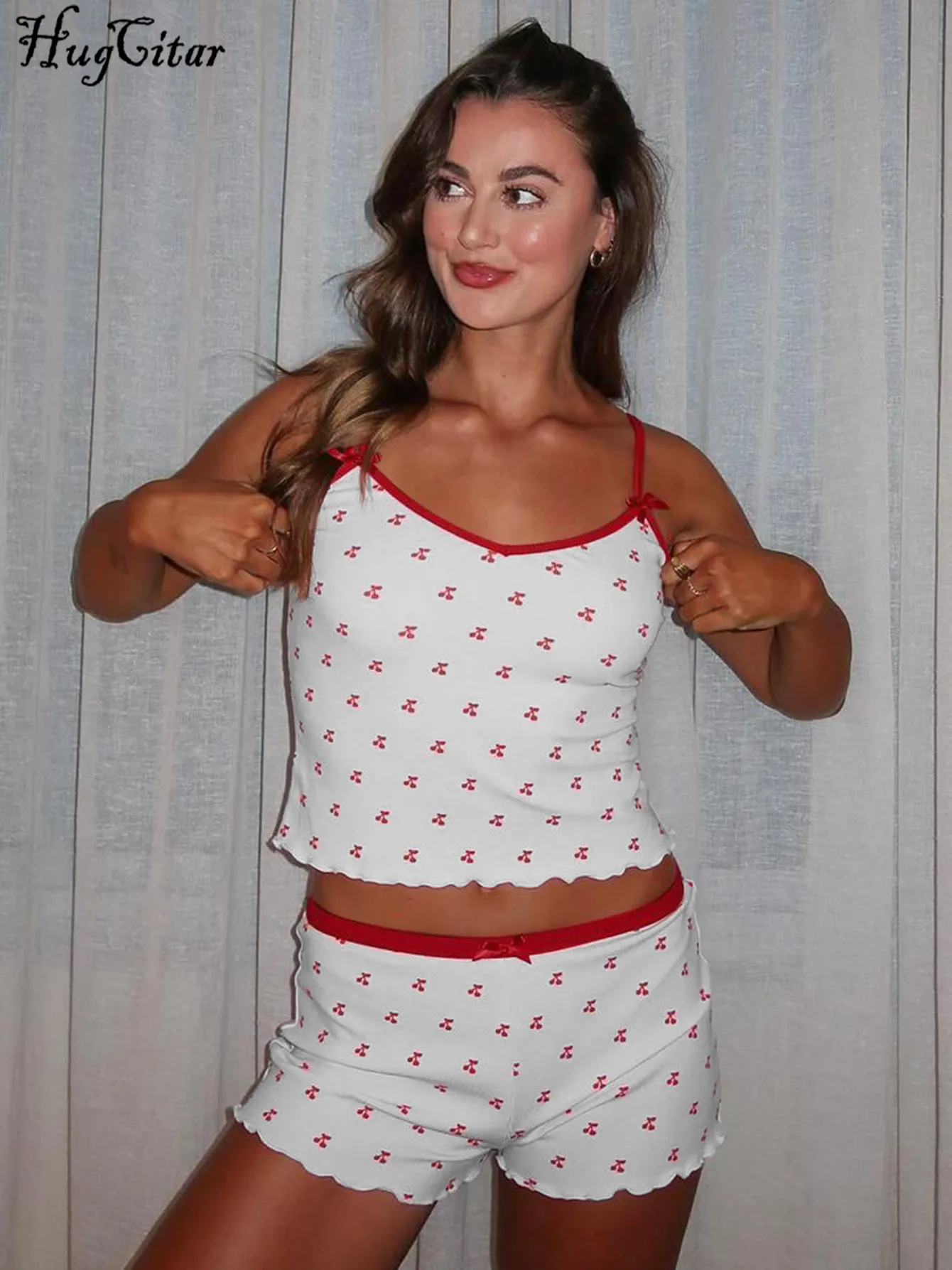 Hugcitar Cherry Print 2 Pcs Matching Sets Slips Bows Sexy Slim Crop Camis Top Shorts Summer Casual Women Outfit Festival Workout