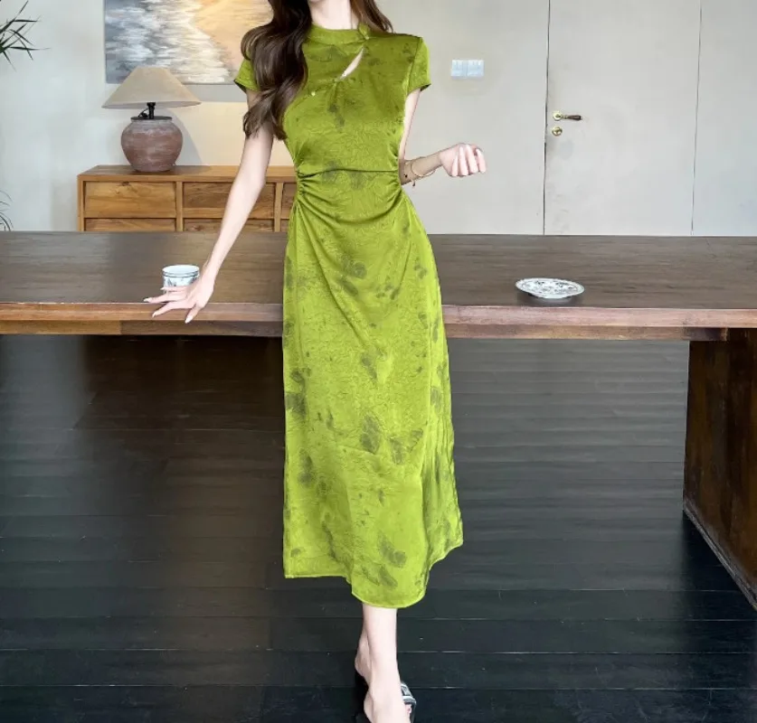 2025 New Retro Green Silk Satin Butterfly Print Qipao Women's Dress Street Temperament Ankle Length Chinese Style Summer Dresses