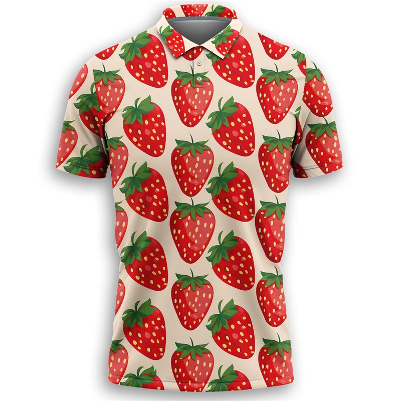 

Cartoon Strawberry Polo Shirt Men Kawaii Street Short Sleeved Tees 3D Printed Fruits Button Lapel T Shirt Casual Tops Fruit Tee