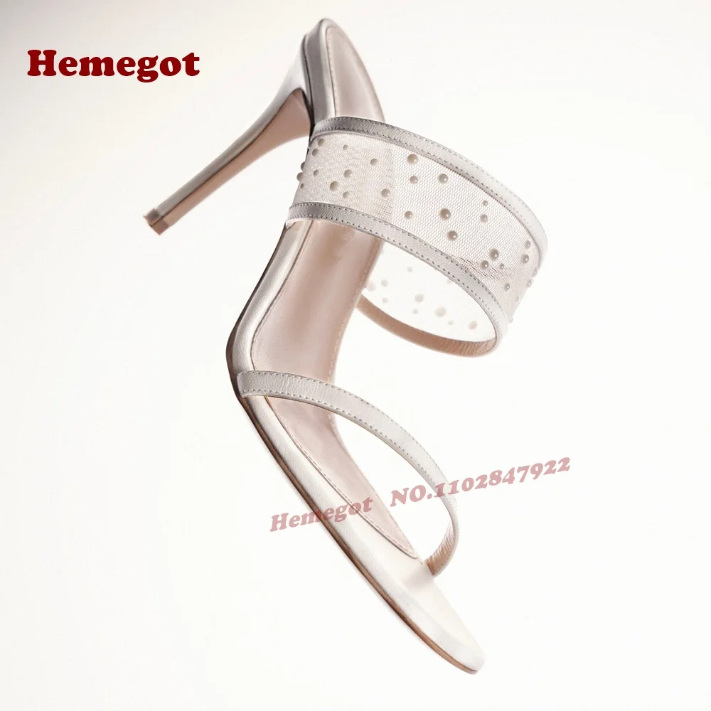 Satin Crystals Air Mesh Slippers Open Toe One Strap Slip On Women's Sandals Splicing Cut Out Stiletto Heels Summer Shoes Luxury