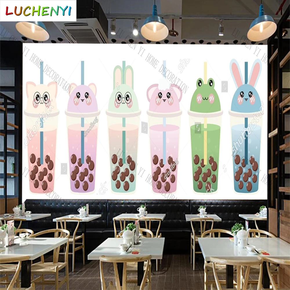 Custom cute bubble tea mural wallpaper restaurant cold drinking shop dining room wall papers home decor sticker