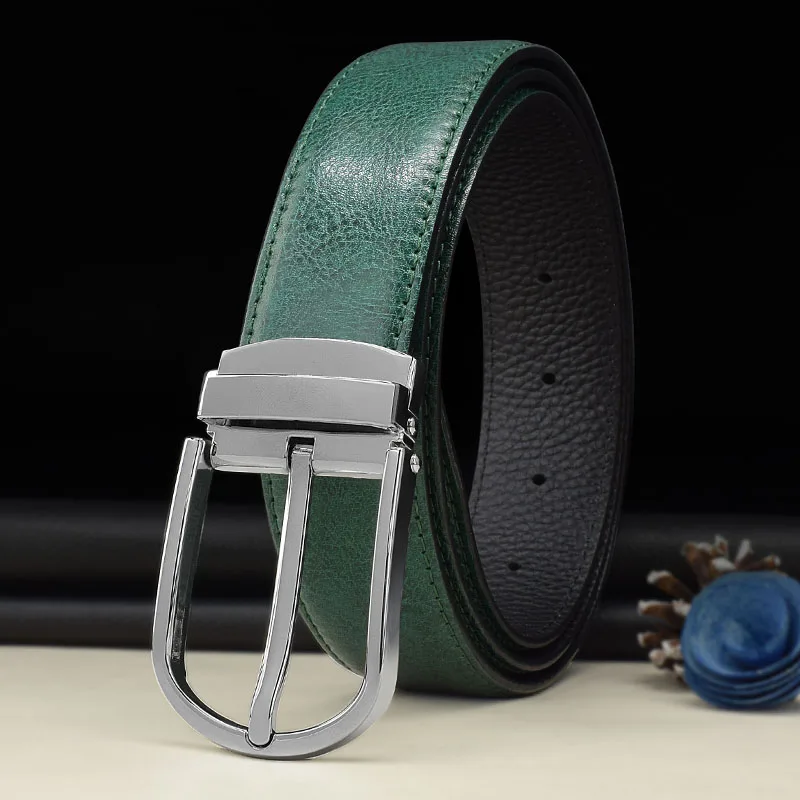 Men's belt Pin Buckle Top Layer Cow Leather Litchi Peel High Quality Simplicity High-gra de Luxury Brand Male Belt green brown