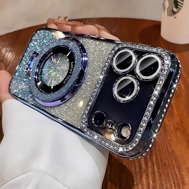 Transparente Diamant-Glitzer-Magnet-Handyhülle mit Beschichtung, geeignet für iPhone 18 17 16 15 14 Pro Max, Linsenschutzhalterung Ba