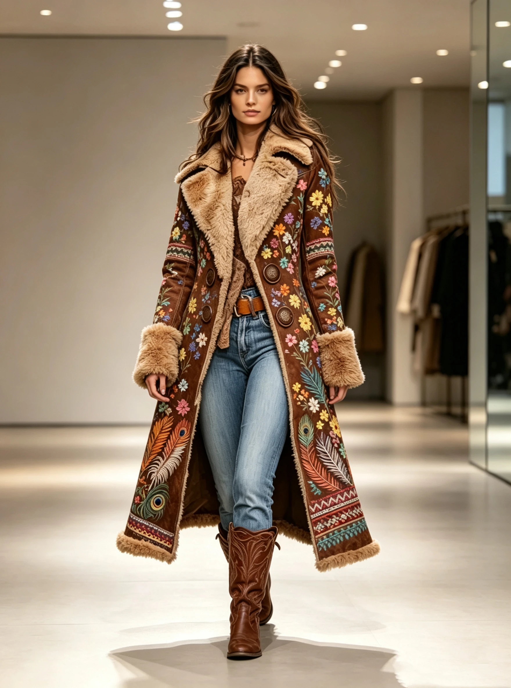 Women's Retro Style Faux Fur Coat Autumn Winter Fashionable Warm Floral Patterned Outerwear