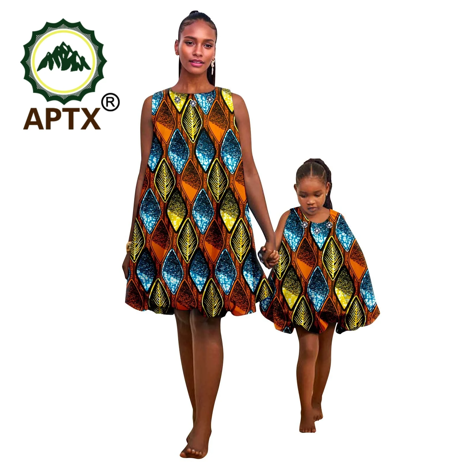 African Dashiki Family Matching Clothes Mom and Daughter Outfit Ankara Print Women O-Neck Patchwork Dress 25F006