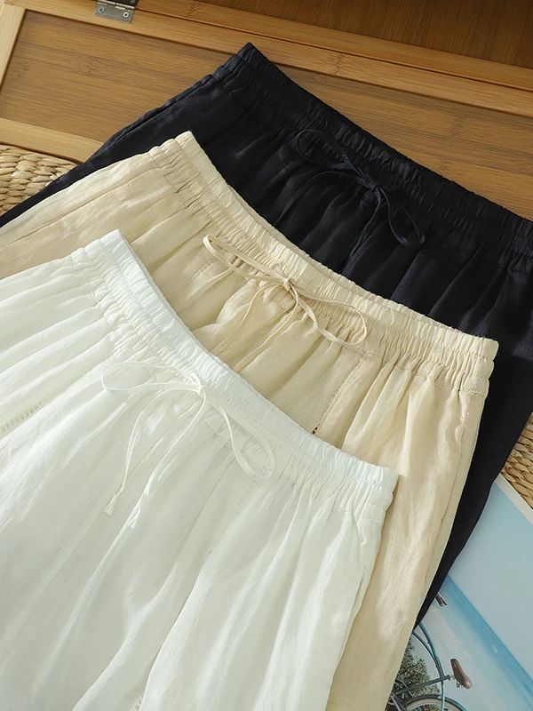 Calças Fenas de Linho com Renda Vazada, Perna Larga, Soltas, Retas, Casuais, de Cintura Alta, Estilo Comutador Longo para...