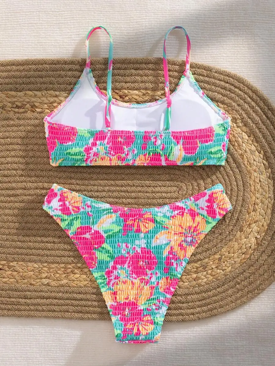 

Women Floral Print Smocked Bikini Set Summer Beach Vacation Swimwear