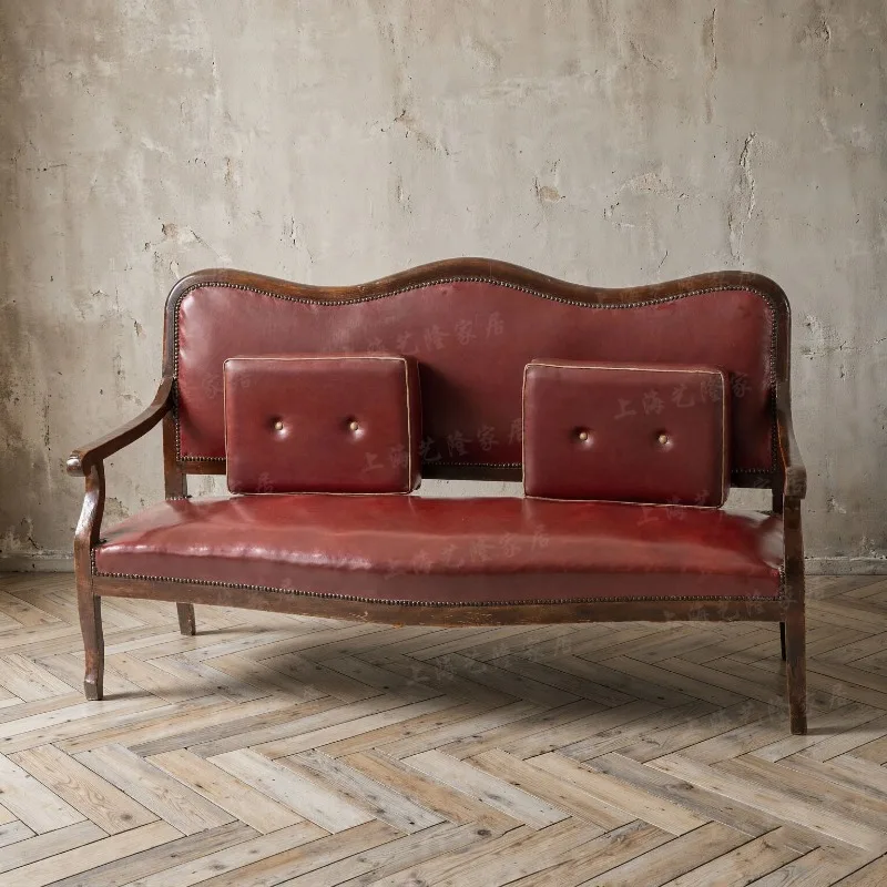 American vintage solid wood sofa, single, double, three-seater, red genuine leather rivets, distressed living room complete furn