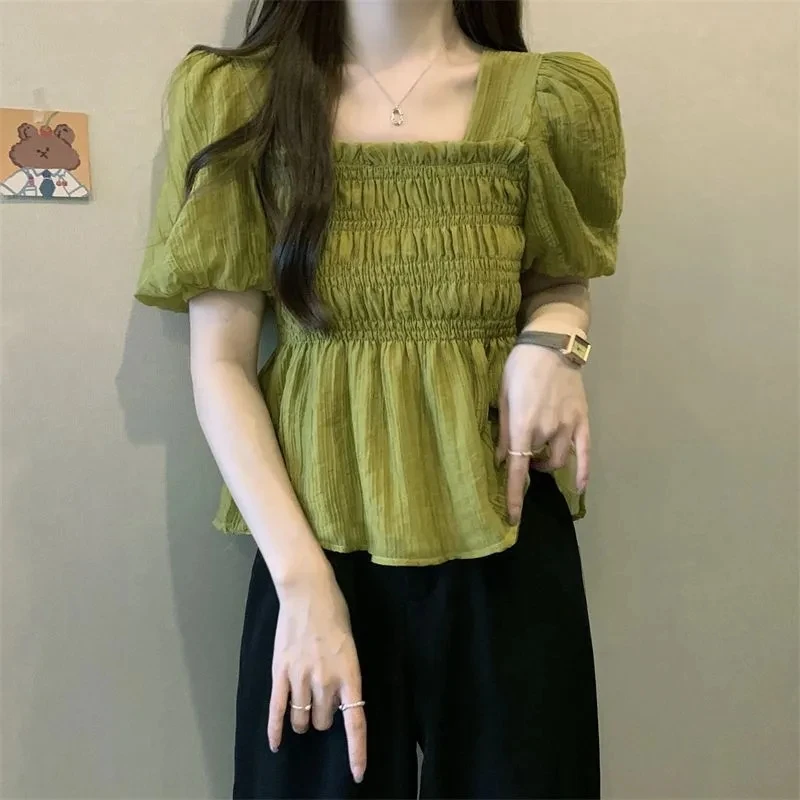 Camisa de gasa de manga corta para mujer, traje de verano 2025, nuevo diseño, Top corto liso, blusa ajustada elegante a la moda para mujer