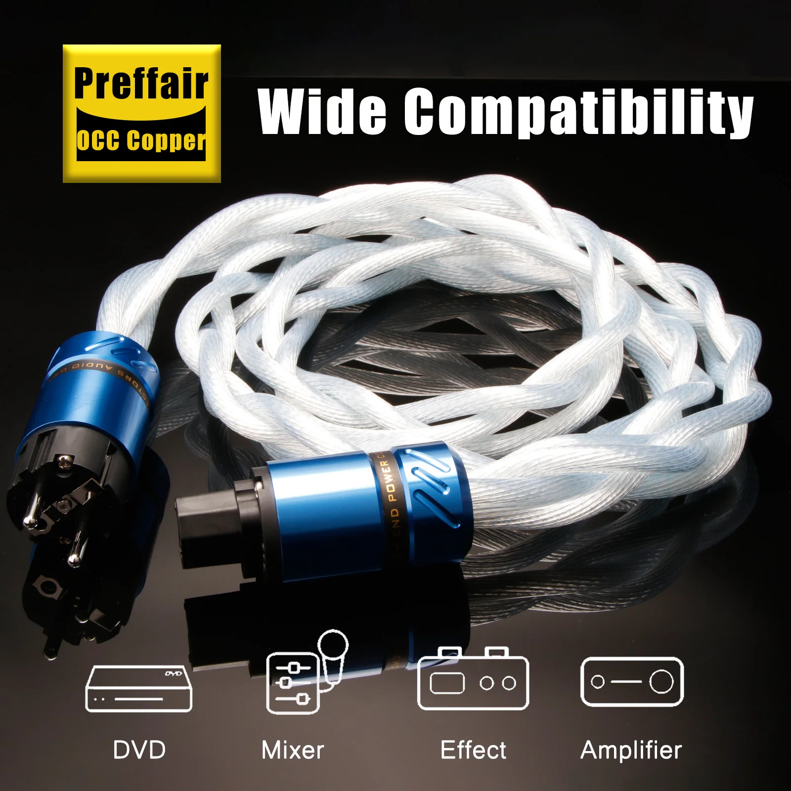 Preffair HiFi X410P101 Power Cable 5N OCC  Silver Plated Wire With Rhodium Plated Plug Audiophiles Audio Cable