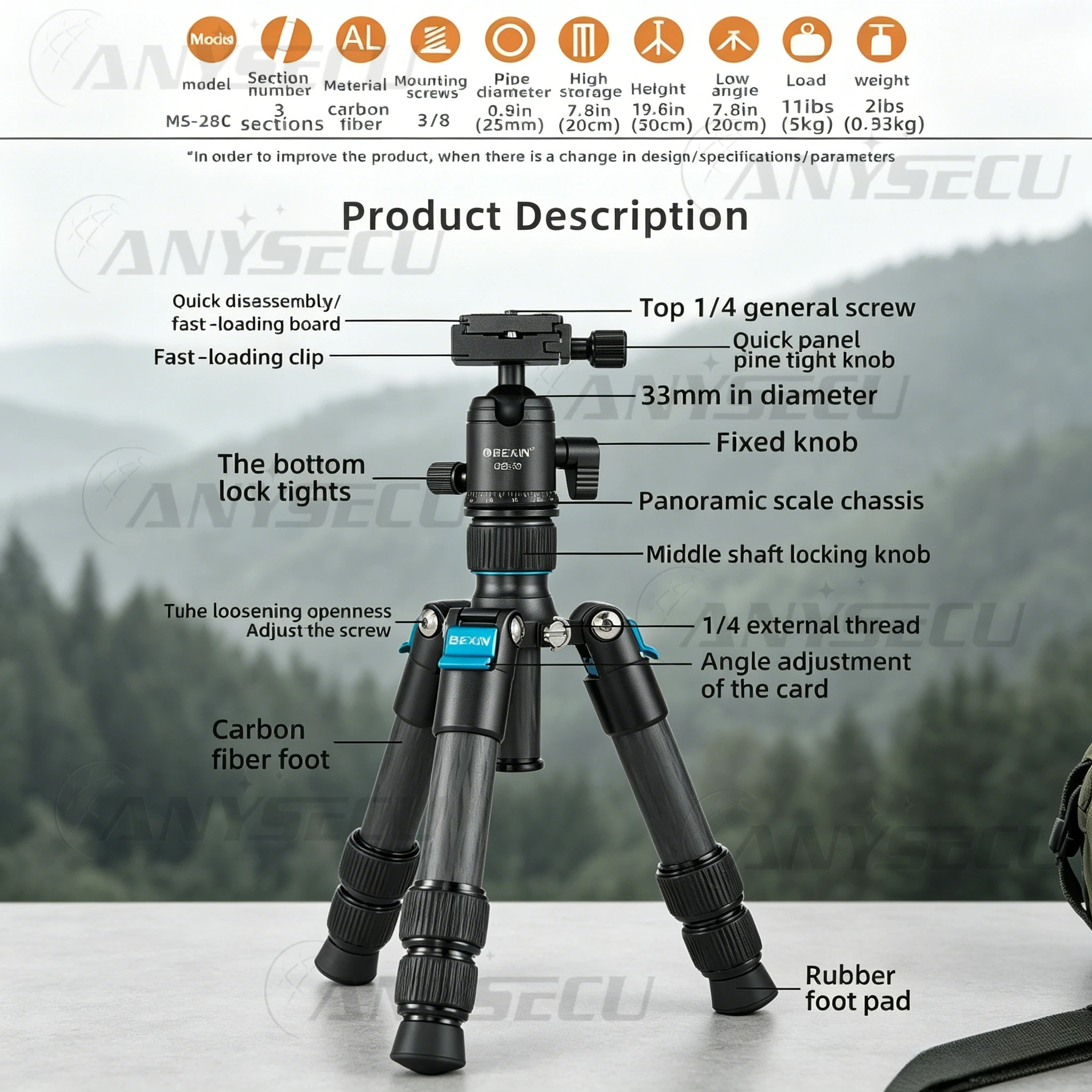 

Portable Mini Carbon Fiber Camera Tripod 360° Rotatable Ball Head Quick Lock Support Max5kg Load Compact Travel Stand