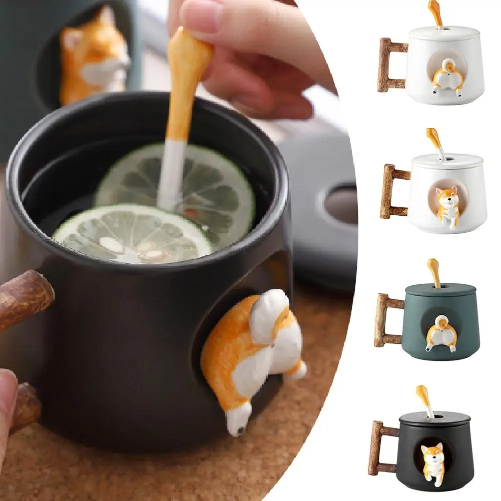 3d Ceramic Cartoon Shiba Dog Hand Painted Coffee Mug Tea Cup With Lid Spoon For Office Families And Friends Couple Q0q4