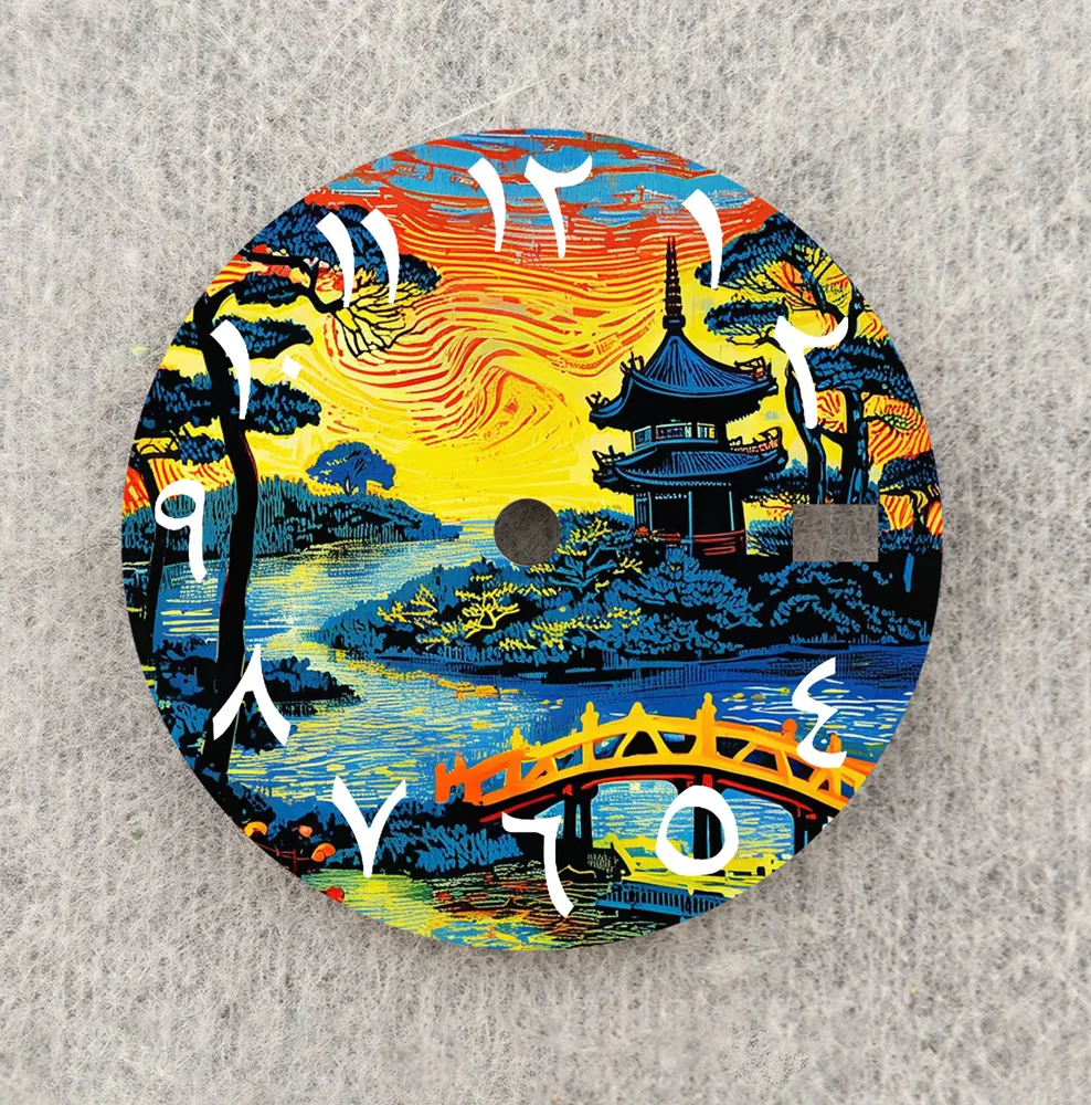 Nh35 dial pôr do sol torre antiga dial 28.5mm algarismos árabes dial caber nh35/36 movimento relógio peças acessórios de substituição