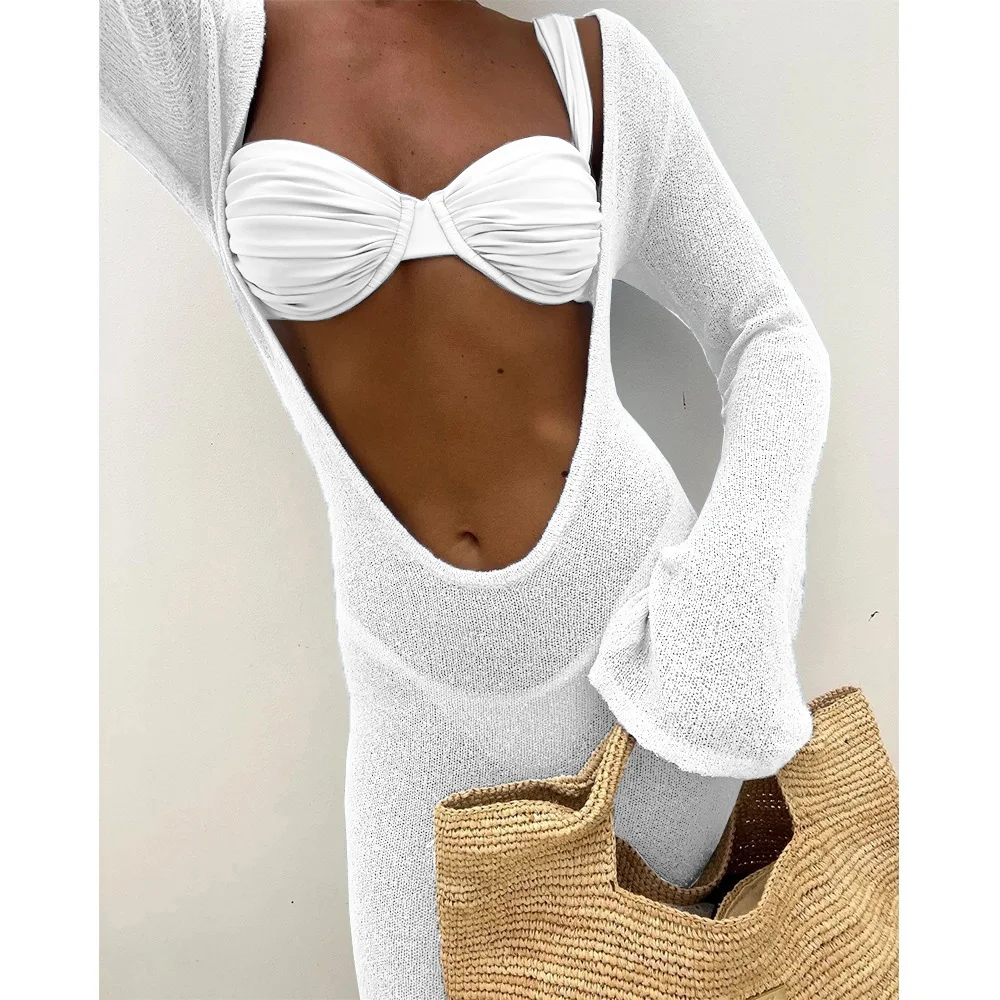 3-teiliges sexy Bikini-Set für Damen, 2025, neue Badebekleidung, langes Kleid, vertuscht, weibliche Strandmode, Badeanzug, Sommer-Schwimmoutfit