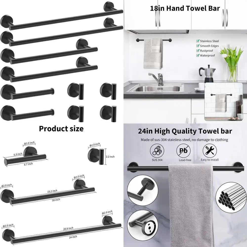 

Bathroom Hardware Set with 10 Matte Black Pieces - Towel Bar, Robe Hook, Toilet Paper Holder, Accessory Hooks