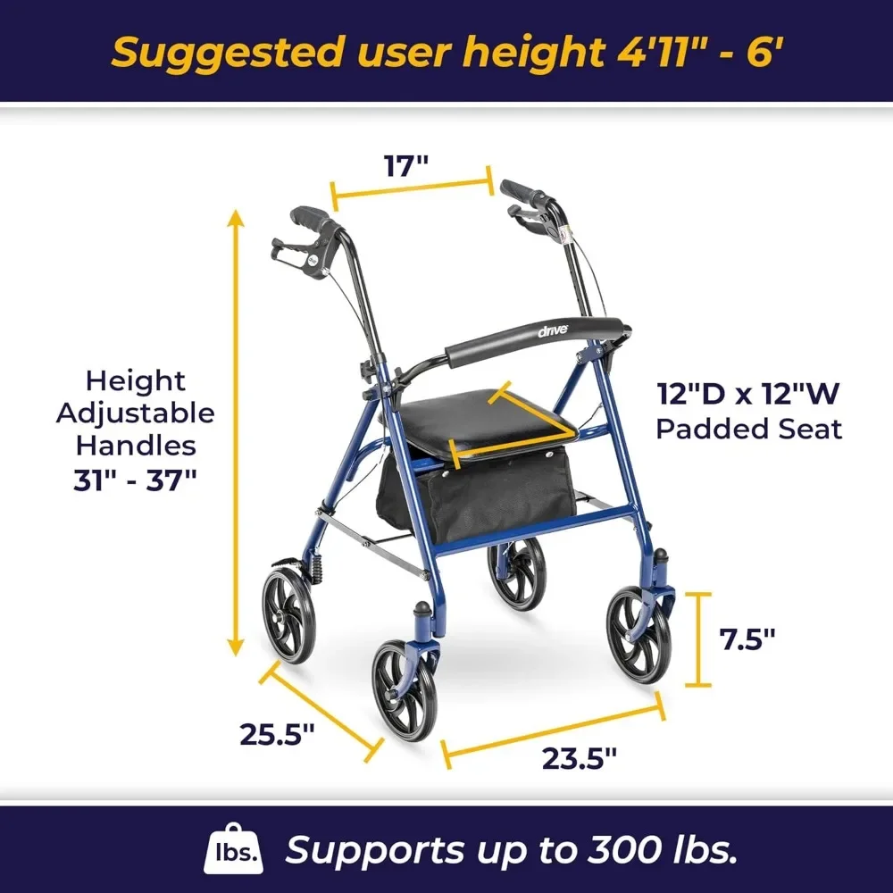 10257BL-1 Andador de 4 rodas com assento, andador de rolamento de aço