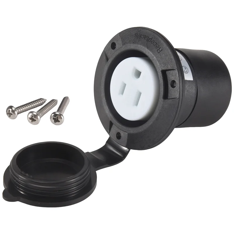 A7THK-15 Amp Flanged Shore Power Outlet 125 Volt NEMA 5-15R Receptacle, 2 Pole 3 Wire Socket For Straight Blade US Plug